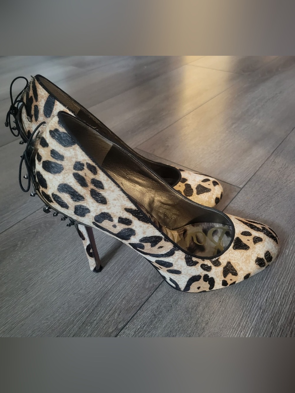 Sam Edelman Size 8.5 Evan Leopard Calf Hair Leather Spike & Stud Lace-Up Heels